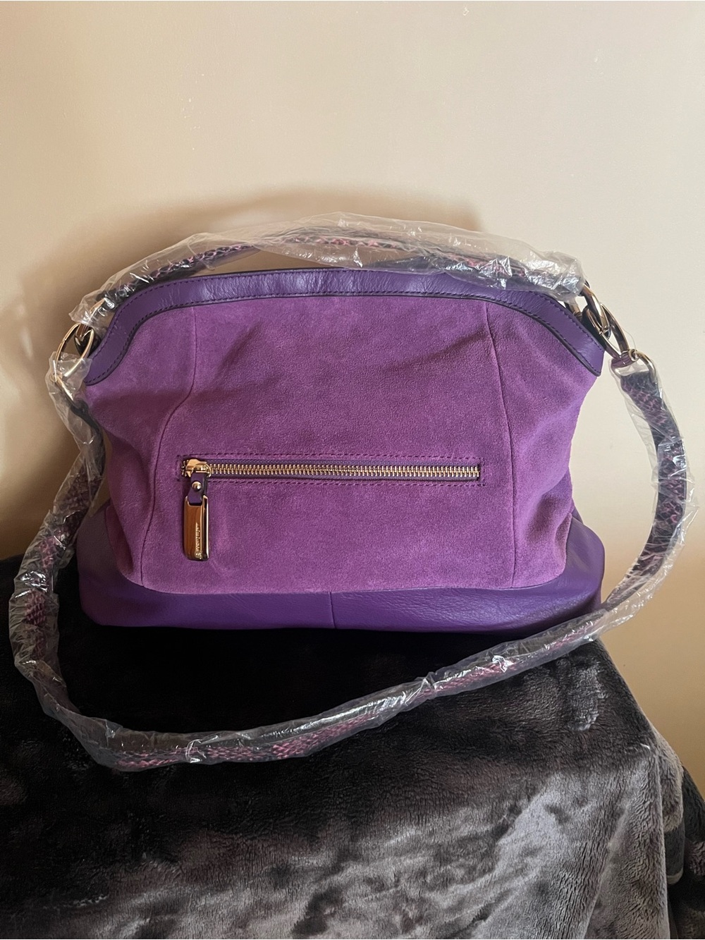 B. Makowsky Purple Suede and Leather Shoulder Bag - Stylish Women’s Crossbody